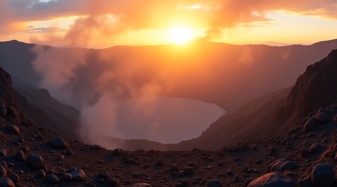 Panoramic view of a steaming volcanic crater at sunrise